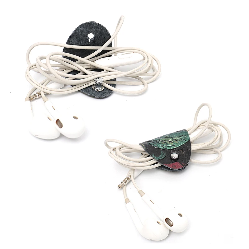 SC Genuine Leather Headphone Cable Organizer Flower Print Real Leather Cable Winder Protector Button Holder For Earphone Cords