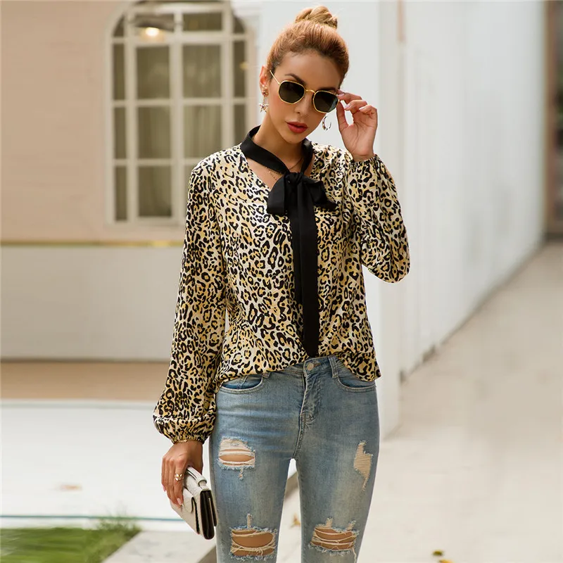 

Leopard Prints Long Sleeves Tops for Women Lightweight Women Chiffon Blouse 2019 Autumn
