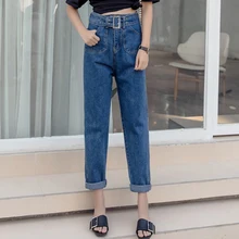 Темно-синие женские свободные джинсы с завышенной талией и карманами; большие размеры; осенние женские винтажные Дизайнерские Темно-синие джинсовые штаны;