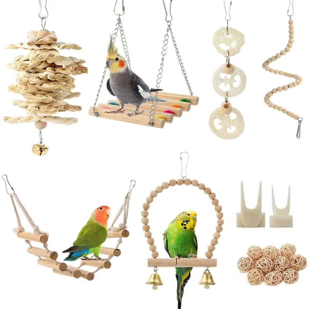 18Pcs/Set Great Parrot Swing Toy Adorable Innovative Wooden Hanging Pet Birds Cage for Garden Bird Toys | Дом и сад