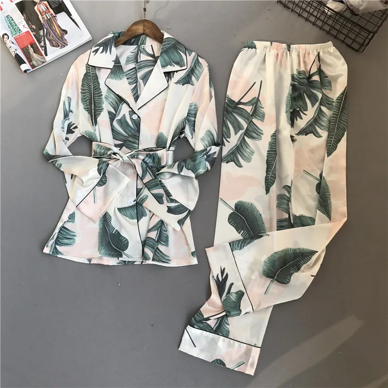 

2 Pieces Faux Silk Satin Pajamas Set Fall Women Sleepwear Long Sleeve Trousers Nightgown for Female Ladies Pyjamas Home Clothes