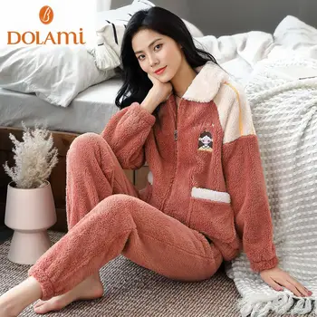 

Autumn Winter Warm Pajamas Sets for Women Thick Flannel Coral Long Sleeve Female Pajama Pyjamas Set Sleepwear Home Clothing