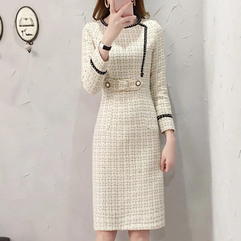 Vestido de lana a cuadros para mujer, prenda de trabajo de oficina, elegante,  Vintage, de Tweed, para Otoño e Invierno|Vestidos| - AliExpress