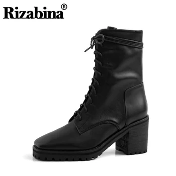 

RIZABINA Real Leather High Heel Boots Women Fall Winter Ankle Boots Office Party Lace Up Casual Platform Shoes Women Size 34-39