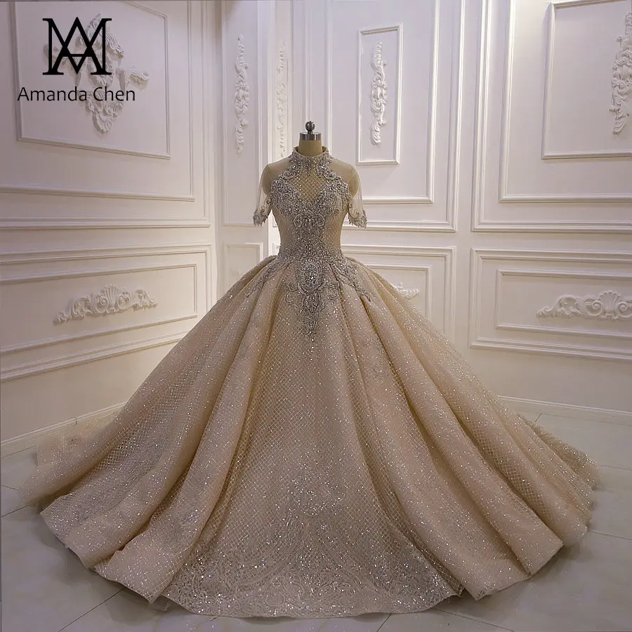 Robe mariee с высоким воротом и короткими рукавами кружевное свадебное платье с аппликацией цвета шампанского