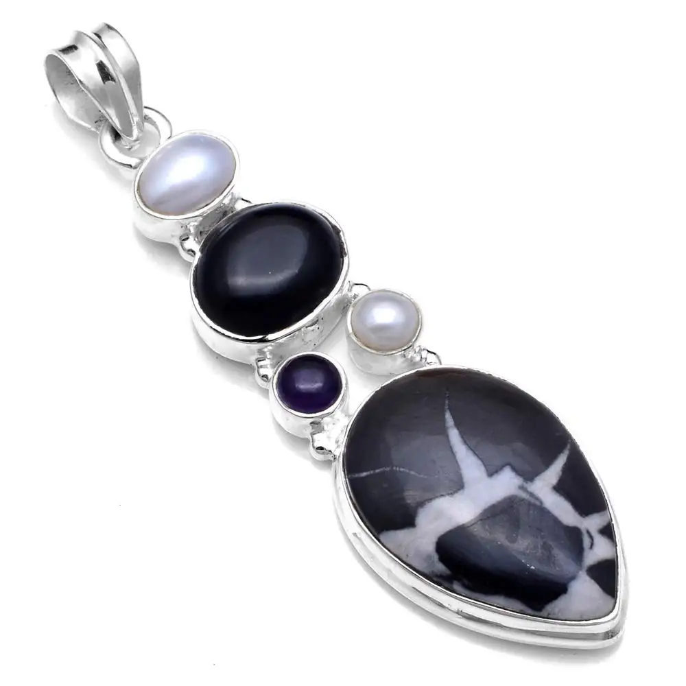 

Genuine Pinolith + Pearl + black onyx Pendant 925 Sterling Silver, 63.5 mm, 2SP0775