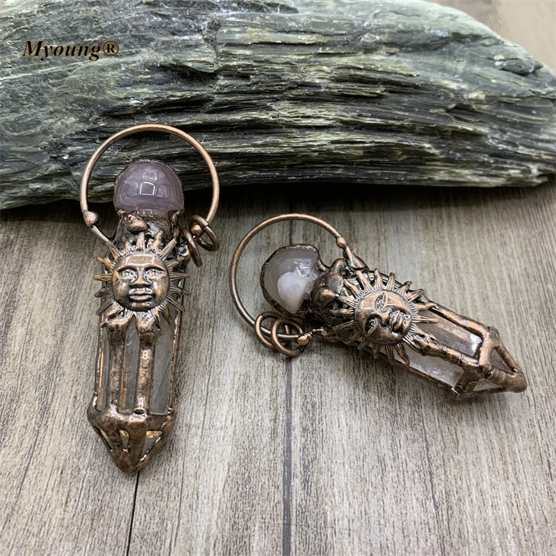 Handmade Hexagonal Column Crystal Quartz Sun Vintage Pendant,Cherry Agates Cap Stone Charm Bohemia Jewelry Accessories MY210654