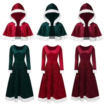 

Women Christmas Santa Claus Cosplay Costume Velvet Long Sleeve Dress Hooded Cape