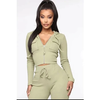 

2 Pcs Yoga Set Women Mermaid Curve Autumn Solid Color Zipper Double Pocket Hoodie Top High Waist Slim Running Sports Full Pant