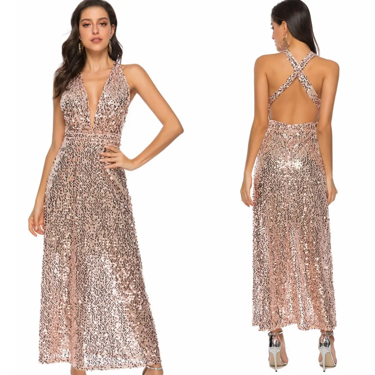 A Line V Neck Gold Sequins Bridesmaid Dresses Cross Strap Backless Tea Length Wedding Guest Party Gown | Свадьбы и торжества