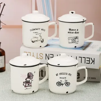 

Nordic Retro Imitation Enamel Ceramic Mug Creative Milk Breakfast Cup with Handgrip Lid Household Coffee Juice Mug for Men Women