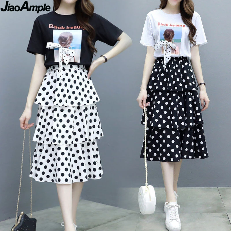 Summer Big Size Slim T-shirt Skirts Set for Women 2021 New Girl Student Sweet Print Polka Dot Dress Fashion Ribbon Bow-knot Tops