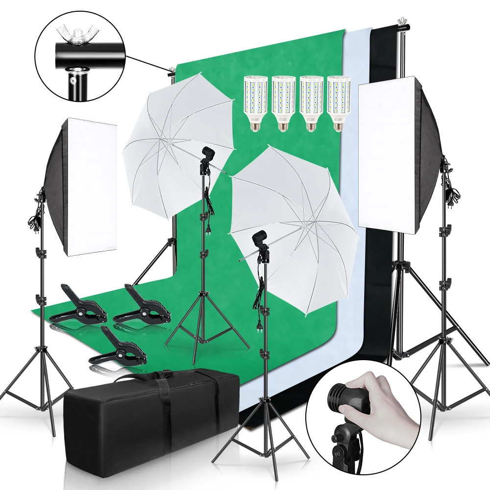 

SH Photo Studio Lighting Kits 2x3M Background Frame With 3Pcs Backdrop Photography Light Softbox Reflect Umbrella Tripod Stand