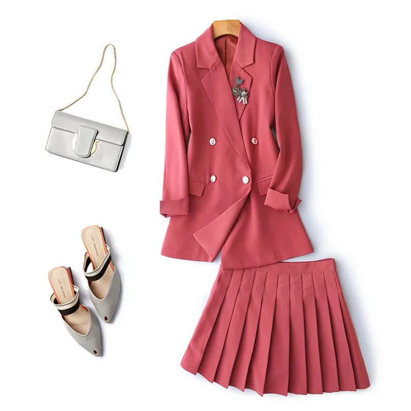 

2019 new age retro British wind two-piece lapel long-sleeved waist suit jacket + pleated skirt suit women