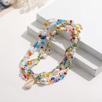 Bohemian Transparent Colorful Evil Eye Beaded Chain Necklace for Women Shell Irregular Pearl Necklace Handmade Jewelry Gift