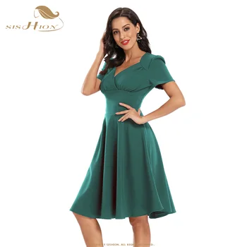 

SISHION Wine Red Navy Blue Green Party Elegant Dress VD1258 Sexy V Neck Short Sleeve 50s Vintage Women Ladies Dress