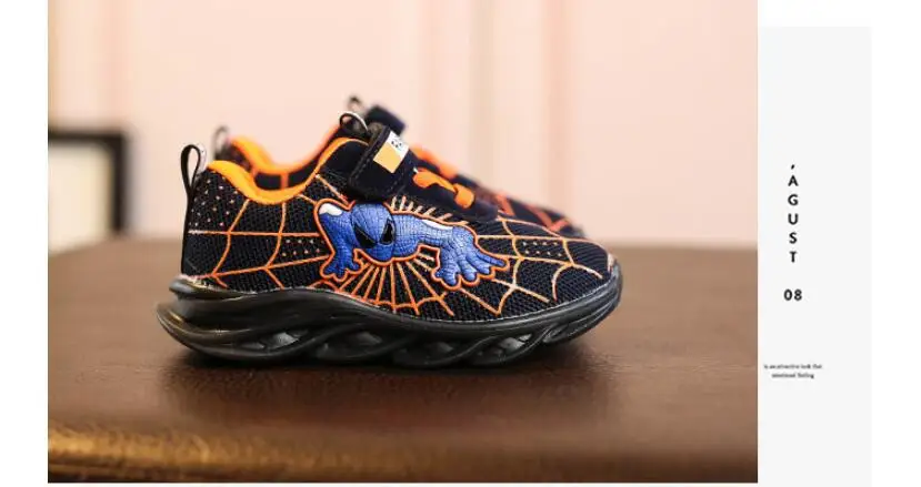 Детская обувь со светящимися вставками «Человек-паук» для мальчиков и девочек; светильник; Детские светящиеся кроссовки; спортивная обувь с сеткой для мальчиков и девочек; светодиодный светильник