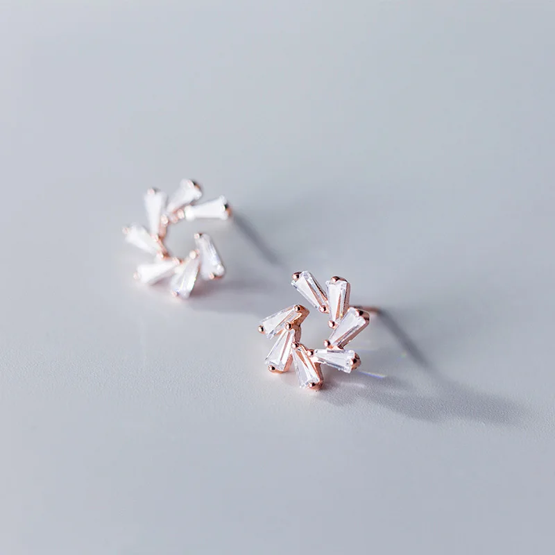 

925 Sterling Silver Crystal Zircon Flower Stud Earrings for Women Rose Gold Color Romantic Snowflake Earring Minimalist Jewelry