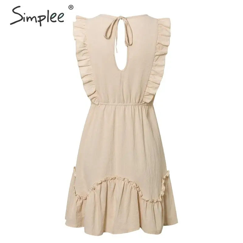 Simplee Sleeveless ruffled women dress High waist belt o-neck a-line summer dress Cotton solid female spring office mini dress