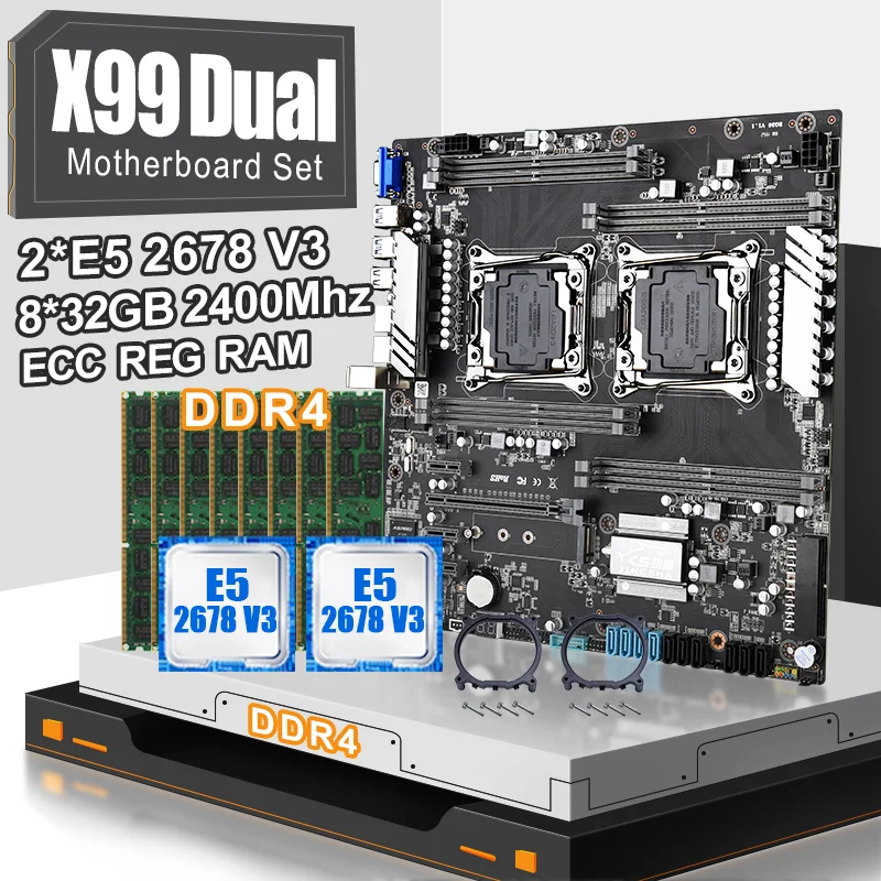 Комплект материнской платы X99 с 2 процессорами XEON E5 2678V3 и 8*32 Гб ddr4 ecc reg 2400 МГц ОЗУ