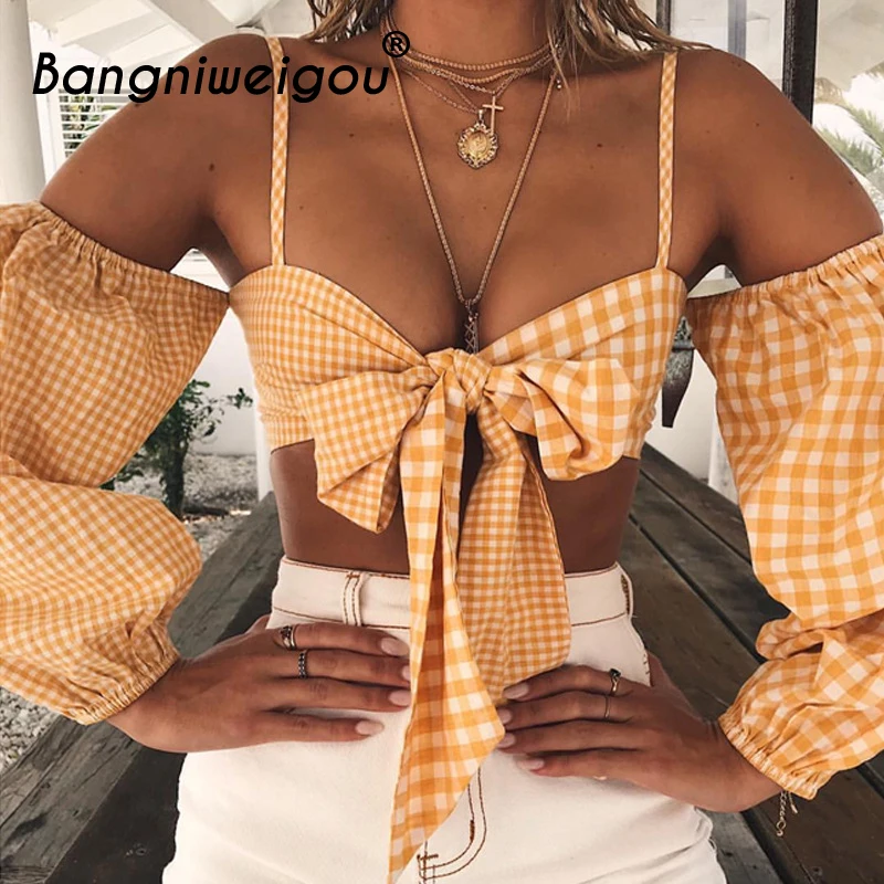 Baratos Bangniweigou corbata Sexy camisa para mujer, chica, cuadros nudo en la parte delantera de la linterna a cuadros de manga Top camisola para mujer ropa de mujer de verano