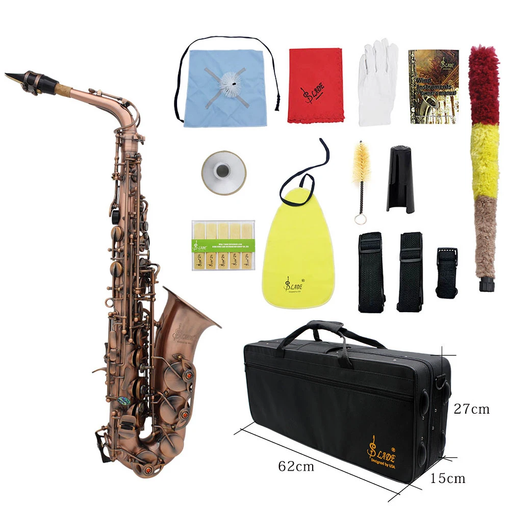 LADE Professional Red Bronze Bend Eb E-flat Alto Saxophone Sax Abalone Shell Key Carve Pattern with Case Gloves  Straps Brush