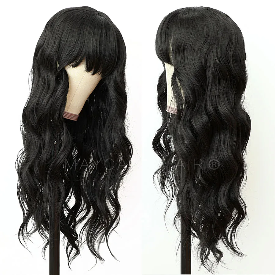 Maycaur Black Color Wavy Wigs With Full Bangs Glueless Heat Resistant Synthetic No Lace Hair Wigs for Black Women (1)