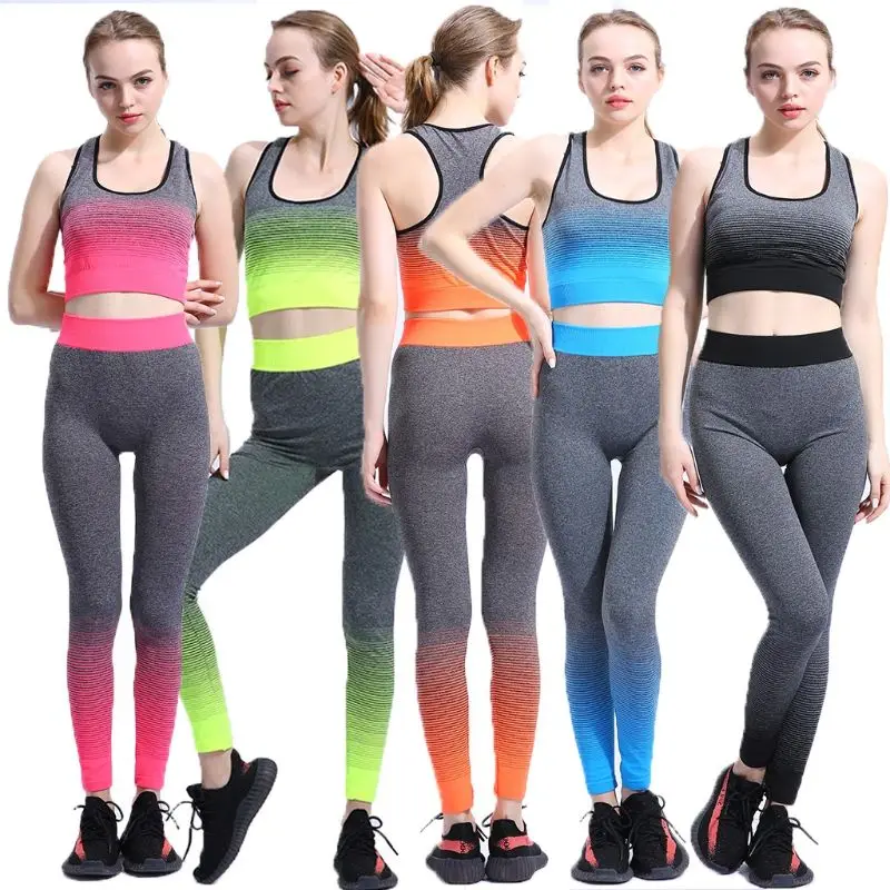 

Womens Sports Crop Top & Pants Ombre Color Pattern Sportswear Gym Size S-XXXL