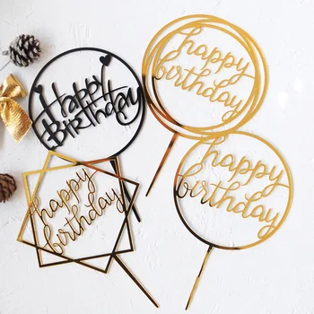 

YEZI Gold Silver Black Acrylic Hand writing Happy Birthday Cake Topper Dessert Decoration for Birthday Party Lovely Gifts
