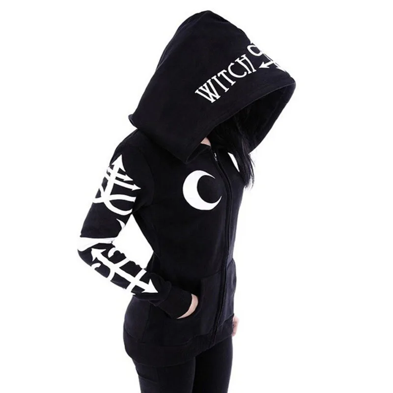 

1 color 5 size Punk Style Women Hoodies Gothic Moon Letters Printed Sweatshirts Kpop Clothing Long Sleeve Zipper Jacket Coat