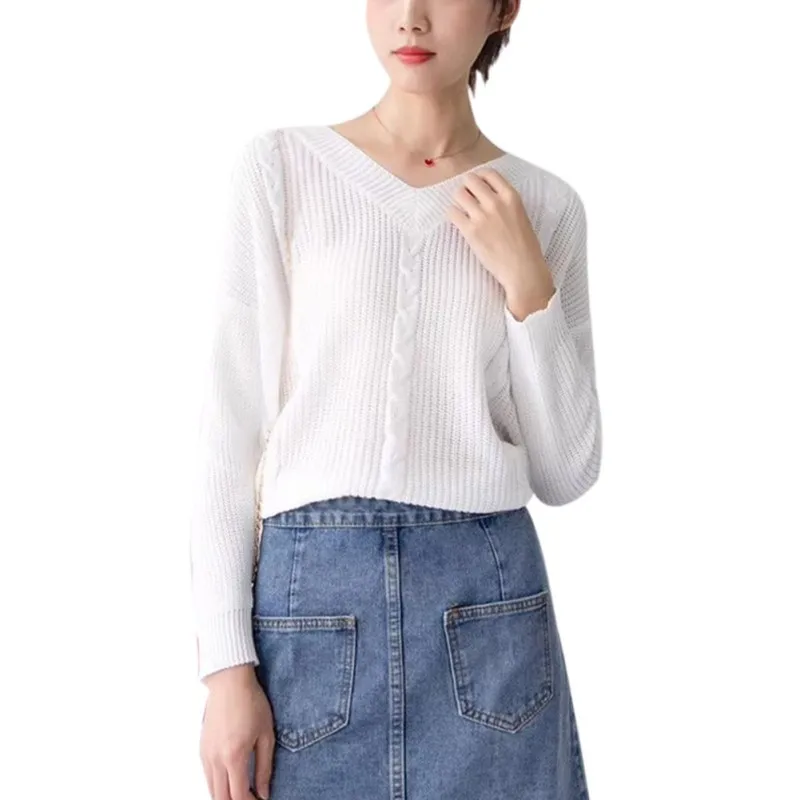 

White Sweater Women V-Neck Pullovers Spring Autumn Basic Woman Loose Sweaters Pullover