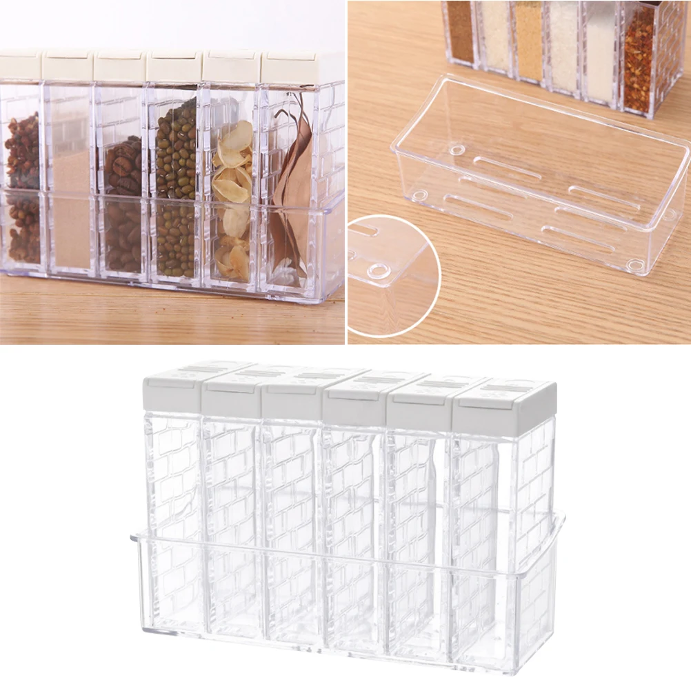 

Creative Double-outlet Lid 6-case Seasoning Boxes Set with Tray Transparent Condiment Containers Spice Shakers (Ivory)