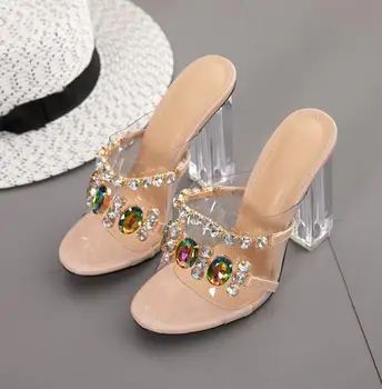 

Summer Fashion Crystal Diamond Slides Clear PVC Transparent Slippers Women Shoes Peep Toe High Heels Mules Dress Pumps