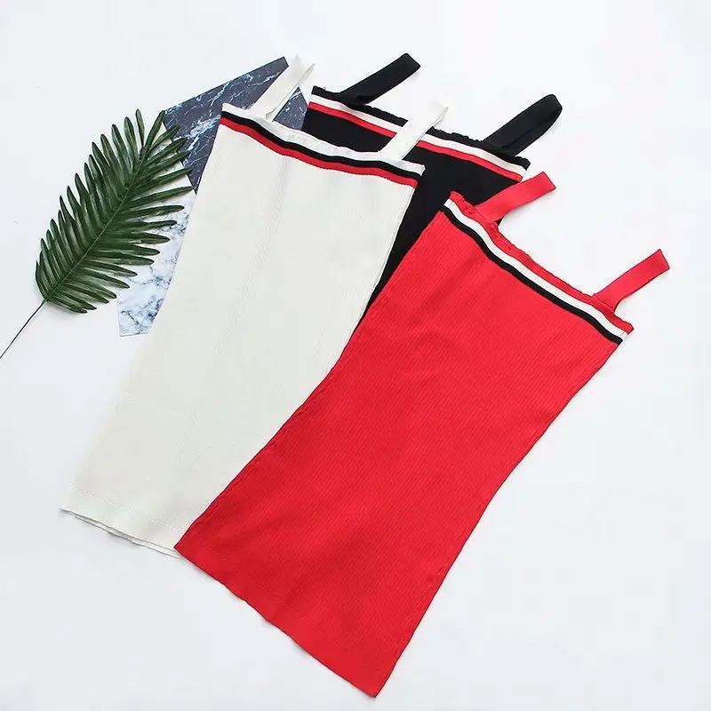 

2018 Summer New Style Knitted Plain Top Mixed Colors Design Slimming Strapped Dress Dress Women's Sexy Short Skirt Fashion J8240