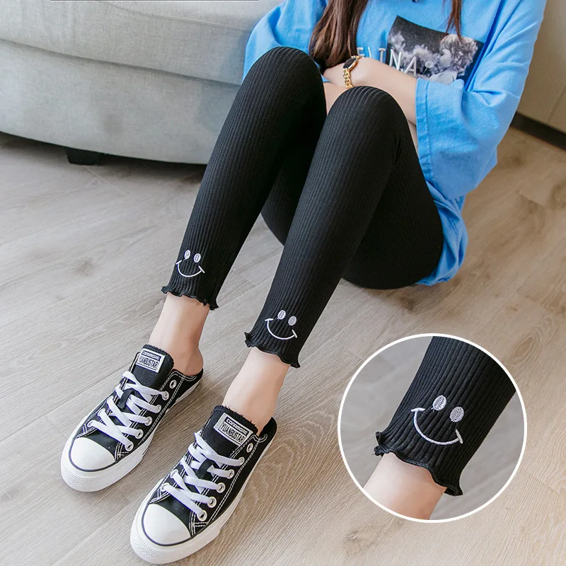 

2019 Summer New Style Maternity Pants Thin Embroidery Smiley Leggings Fashion Frilled Maternity Pants