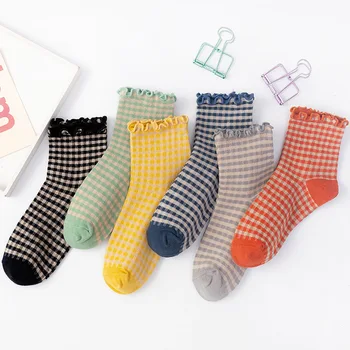 

Short Socks Women stringy selvedge Girls Student College Style Retro Ladylike Style Cotton Young lady plaid Ruffle Fun