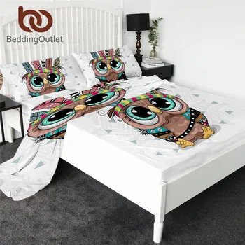 

BeddingOutlet Cartoon Owl Fitted Sheet Tribal Feathers Bed Sheet Set Aztec Geometric Flat Sheet Colorful Bird Mattress Cover