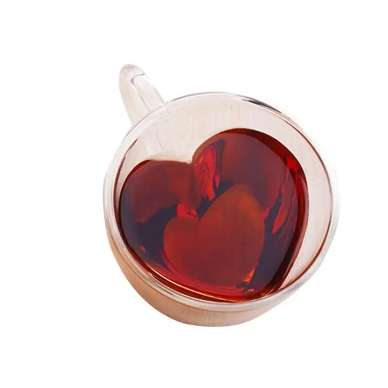 В форме сердца Двойные стенки изолированные стеклянные кофейные кружки или чашки чая двойными стенками стекло 10 унций-прозрачный уникальный и изолированный с ручкой