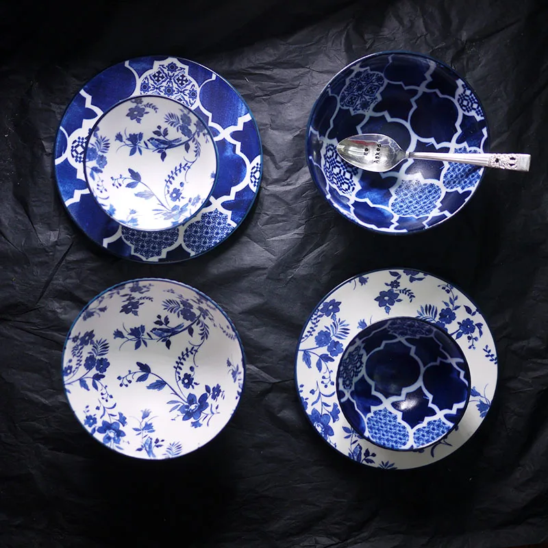 American style in glaze matte blue flower bird cloud twill ceramic tableware / bowl bone plate | Дом и сад