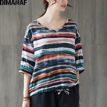 

DIMANAF Plus Size Women T-Shirt Summer Casual Loose Vintage Lady Tops Tees Shirt Cotton Linen Print Striped Female Clothing 2020