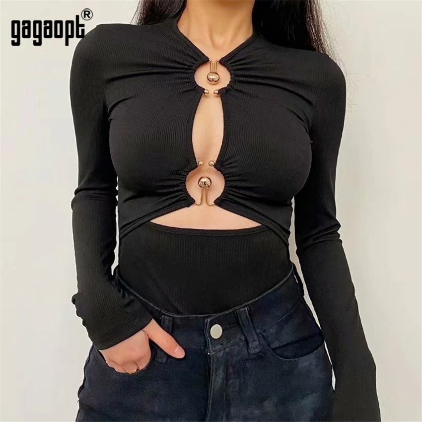 Gagaopt Sexy Open Front Bodysuits Women Black Longsleeve Autumn Slim Rompers Womens Jumpsuit Basic Playsuit Womens Tops