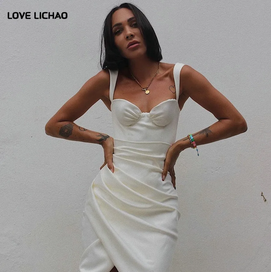 

Sexy Dresses Woman Party Night 2021 Sping Summer Women Knee Length Satin Dress Strapless Dress Bodycon Strapless Backless Female