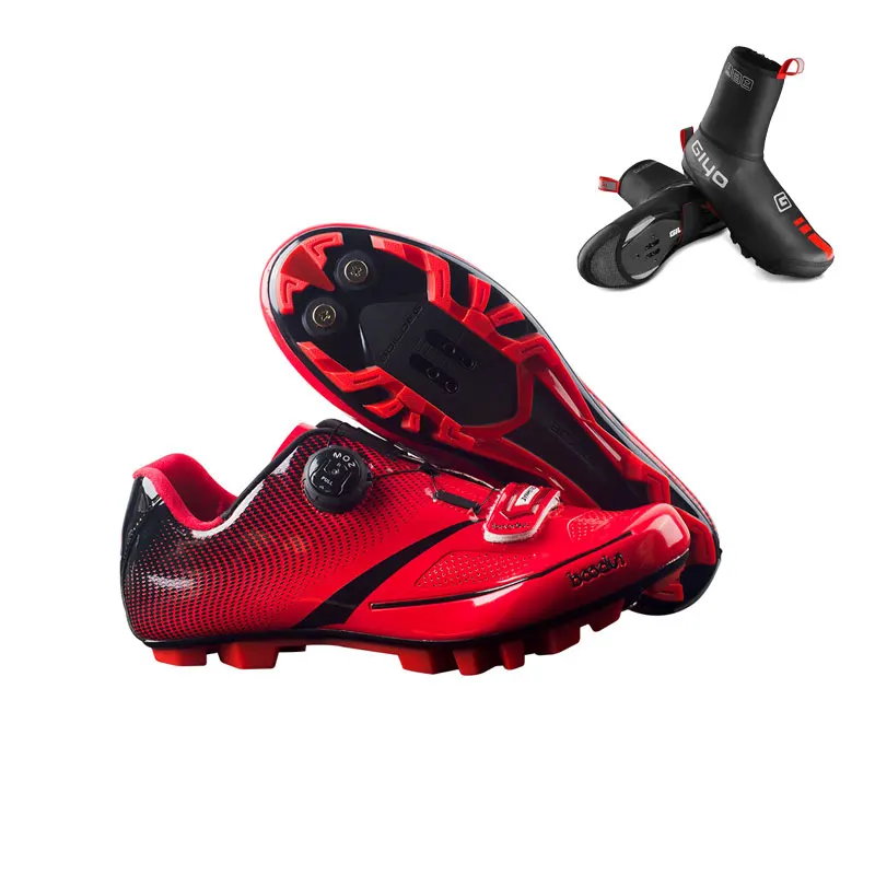 red and shoescover BOODUN, дышащий материал Pro велосипедная обувь MTB велосипед самоблокирующаяся обувь сверхлегкие спортивные гоночные кроссовки Sapatos de ciclismo - Цвет: red and shoescover