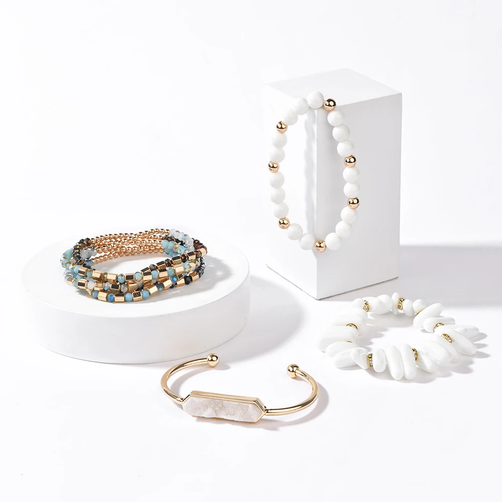 Natural Stone Bracelets Set For Women Chic Quartz Druzy White Howlte Agates Cut Crystal Bead Bracelet Open Cuff Bangles BCSET307