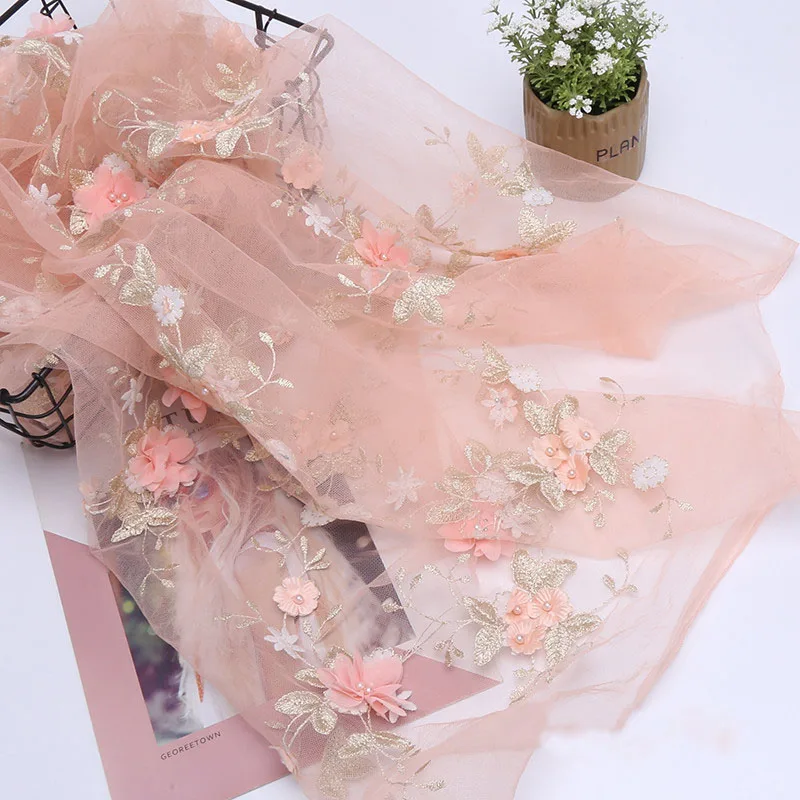 

High Quality Tulle Floral Lace Fabric for Dress African Fabrics,Lace Net Embroidery With Beads Diy Apparel Sewing Cloth 1Yard