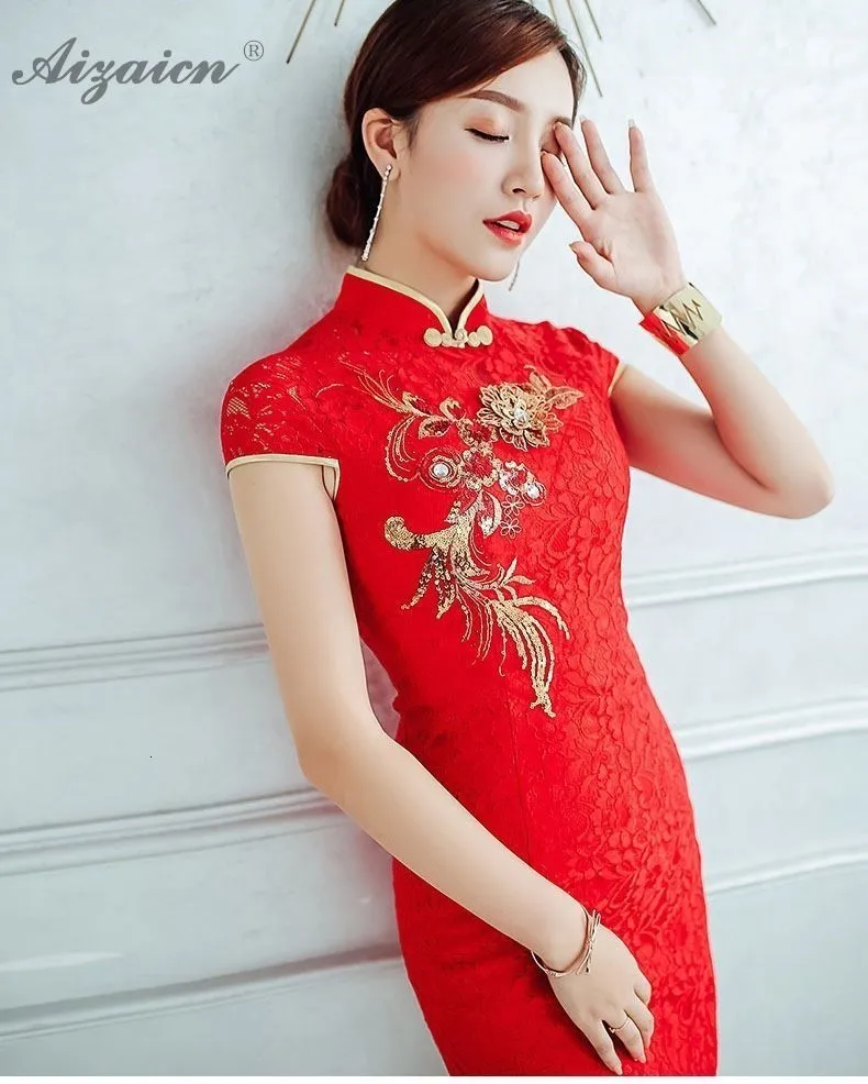 Мода Корто Cheongsam las mujeres chino tradicional de la boda Vestido de encaje rojo Qipao estilo Восточное винтажное платье