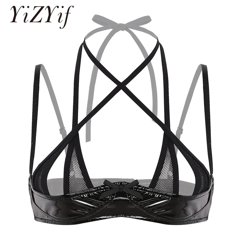 Sujetador de copa abierta para mujer, lencería Wetlook de charol