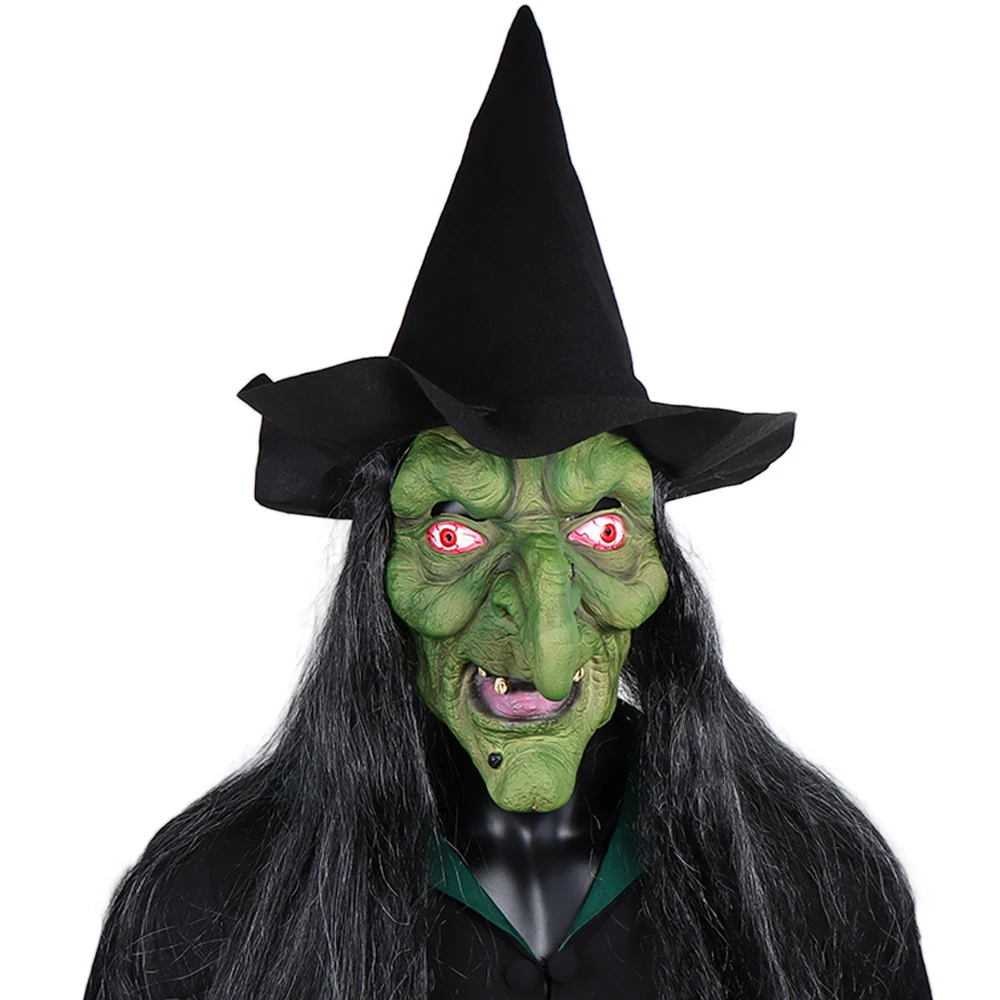 Halloween Horror Old Witch Mask with Hat Cosplay Scary Clown Hag Latex Masks Green Face Big Nose Old Women Costume Party Props