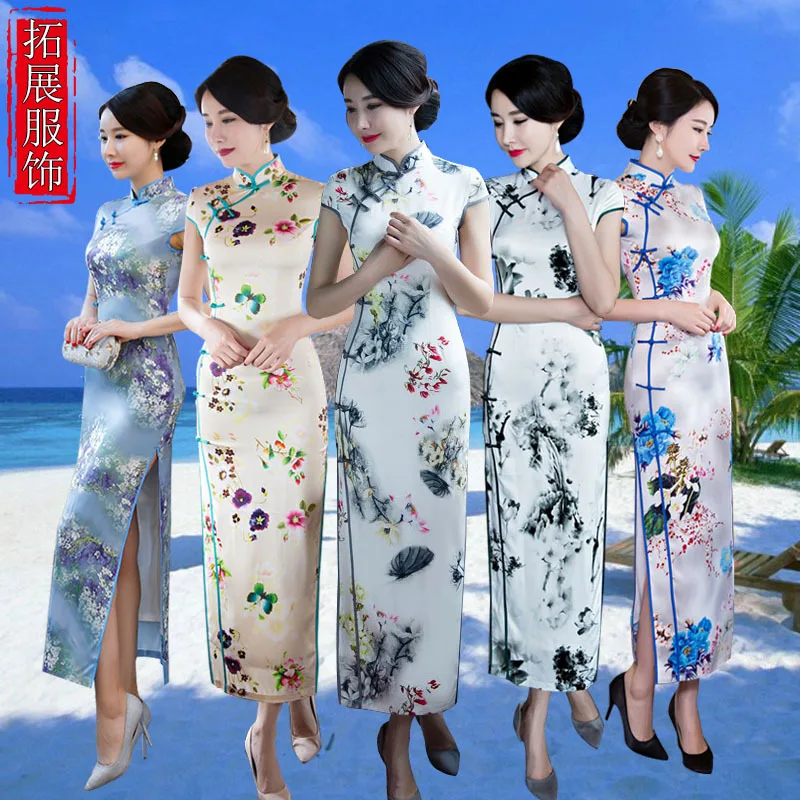 

Origional Design 2018 New Style Long Silk Fabrics Vintage Improved Cheongsam T Stage Banquet Formal Dress Cheongsam