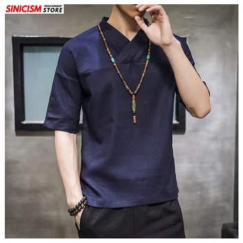 

Sinicism Store 2020 Men Casual V-Neck TShirts Men's Plus Size Summer Tees Loose Linen TShirts Male Clothes Chinese Style Tops